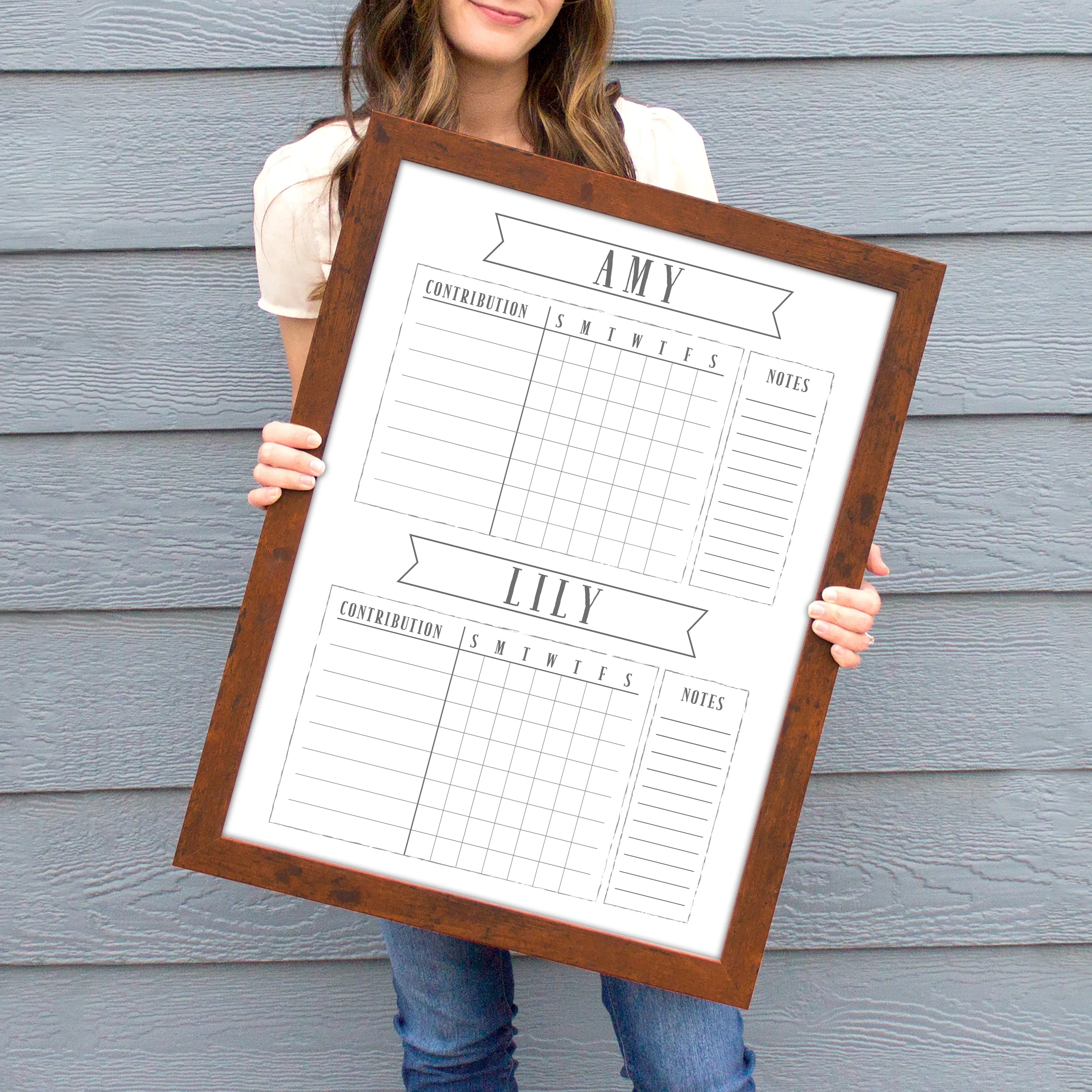 2 Person Framed Whiteboard Chore Chart  | Vertical Swanson