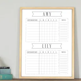 2 Person Framed Whiteboard Chore Chart  | Vertical Swanson