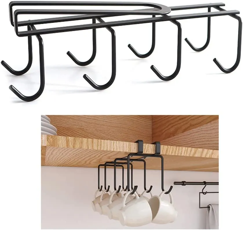 2Pack Under Cabinet 8 Hooks Cup Organizer Rack-Black