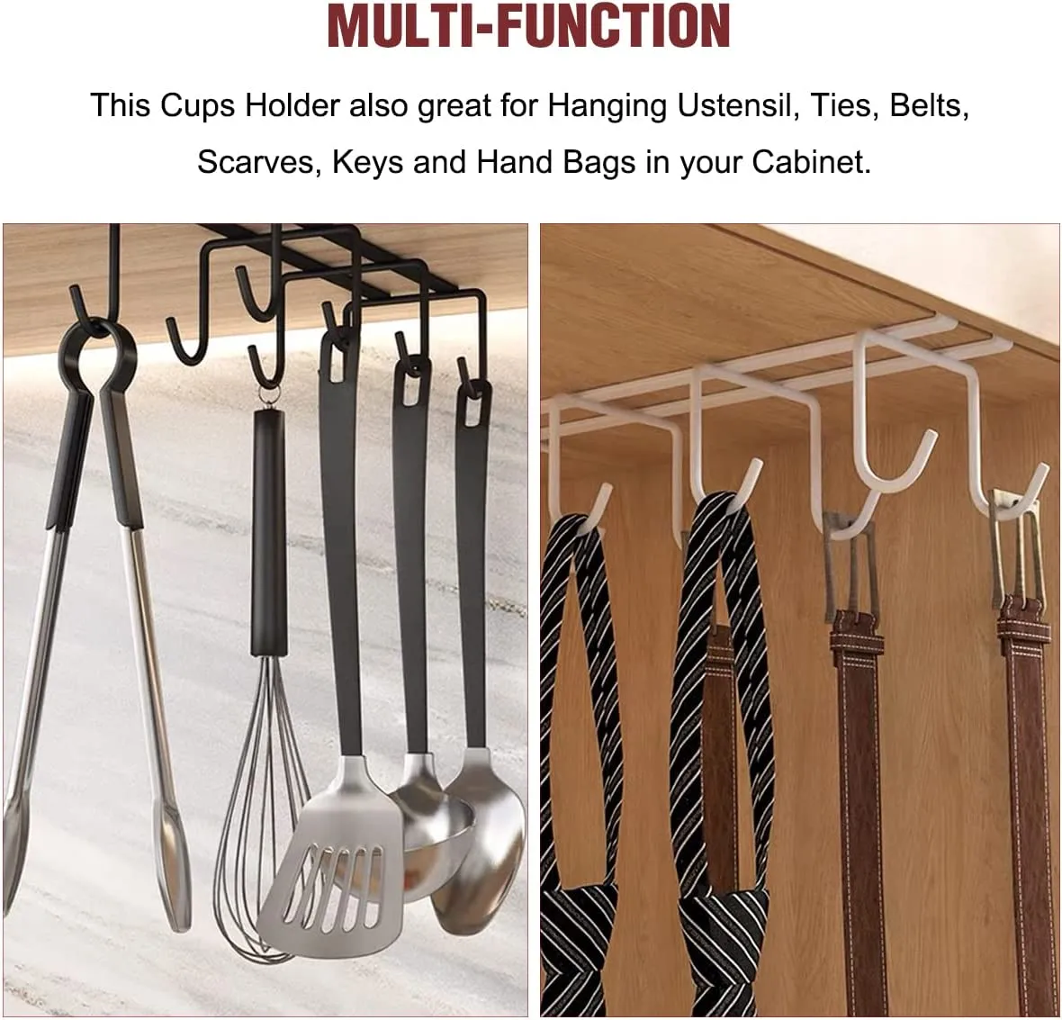 2Pack Under Cabinet 8 Hooks Cup Organizer Rack-Black