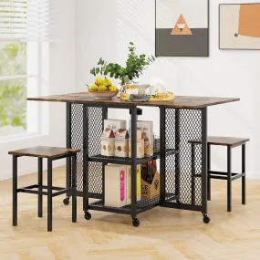 3-Piece Foldable Dining Table Set with Lockable Wheels for Small Place-Brown