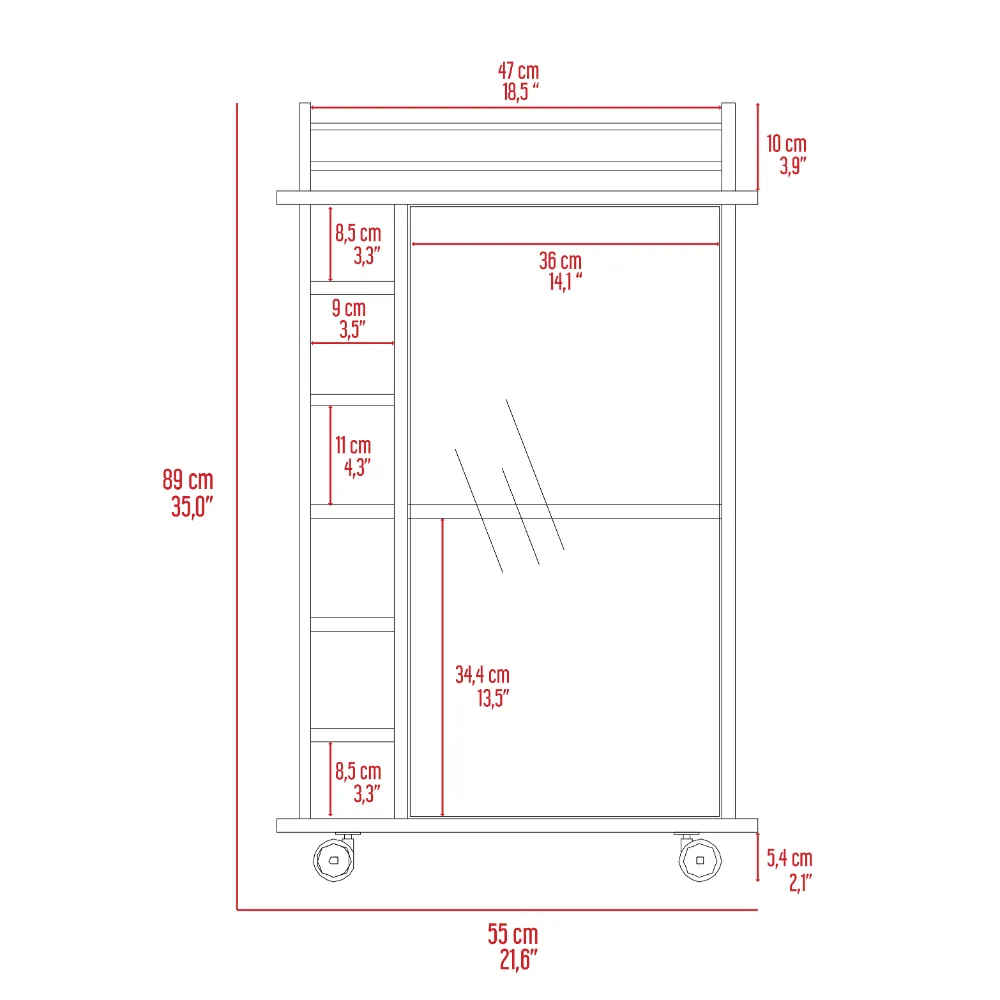 32" H black bar-coffee cart, Kitchen or living room cabinet storage with with 4 wheels, with 6 bottle racks, a central shelf covered by 1 glass door, 1 support surface with aluminum front