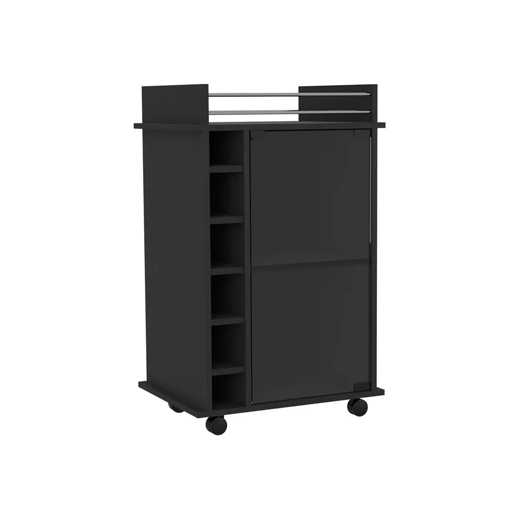 32" H black bar-coffee cart, Kitchen or living room cabinet storage with with 4 wheels, with 6 bottle racks, a central shelf covered by 1 glass door, 1 support surface with aluminum front