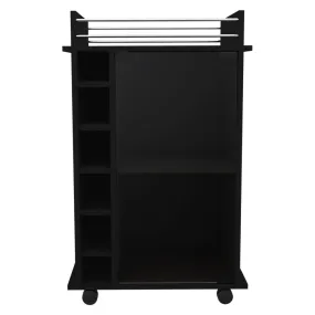 32" H black bar-coffee cart, Kitchen or living room cabinet storage with with 4 wheels, with 6 bottle racks, a central shelf covered by 1 glass door, 1 support surface with aluminum front