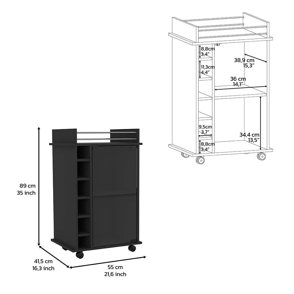 32" H black bar-coffee cart, Kitchen or living room cabinet storage with with 4 wheels, with 6 bottle racks, a central shelf covered by 1 glass door, 1 support surface with aluminum front