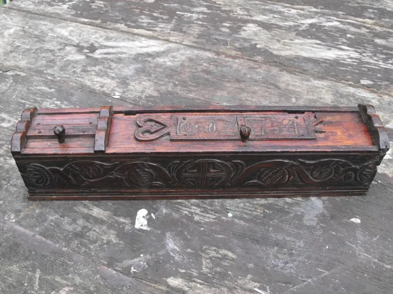 A Charming George II Period Chip Carved Treen Pen Box, Dated to 1754