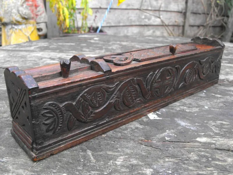 A Charming George II Period Chip Carved Treen Pen Box, Dated to 1754