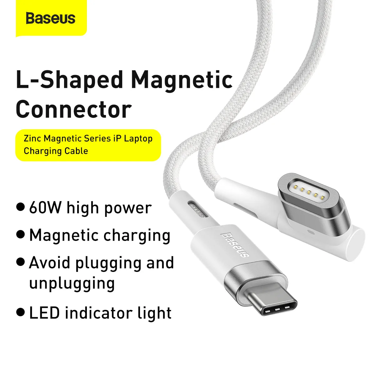 Baseus Zinc Magnetic Series Macbook Laptop Charging Cable C To Macbook 60W 2M White (CATXC-W02)