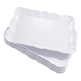 BBG 6 Pack Rectangle White Plastic Serving Trays, 15" x 10" Heavy Duty Serving Platters, Reusable Trays Perfect For Wedding, Parties & Buffet