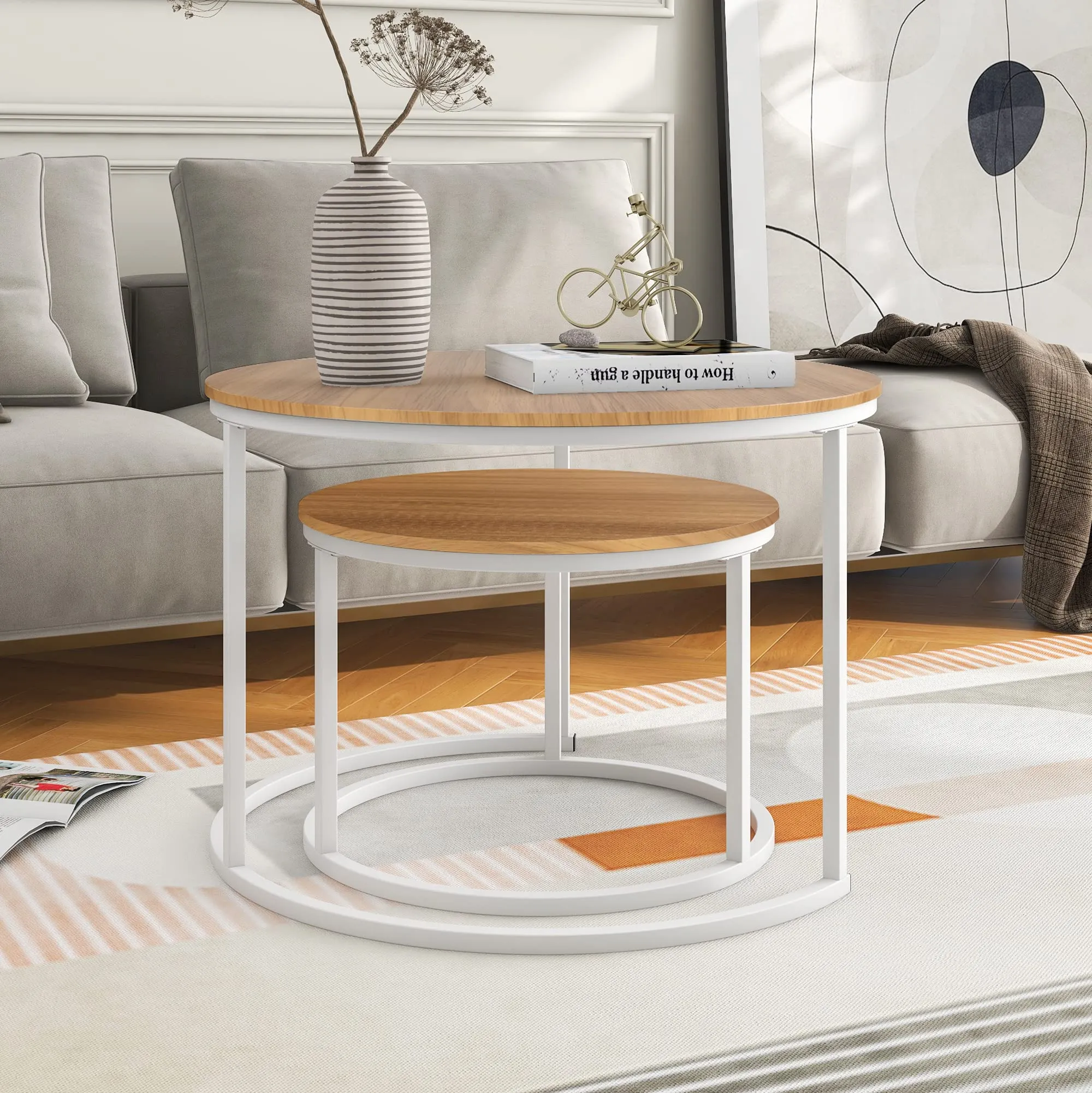 BOFENG Round Wood Nesting Coffee Tables/Stacking Side Tables End Tables Set of 2 with Sturdy White Metal Frame for Living Room,Balcony,Office