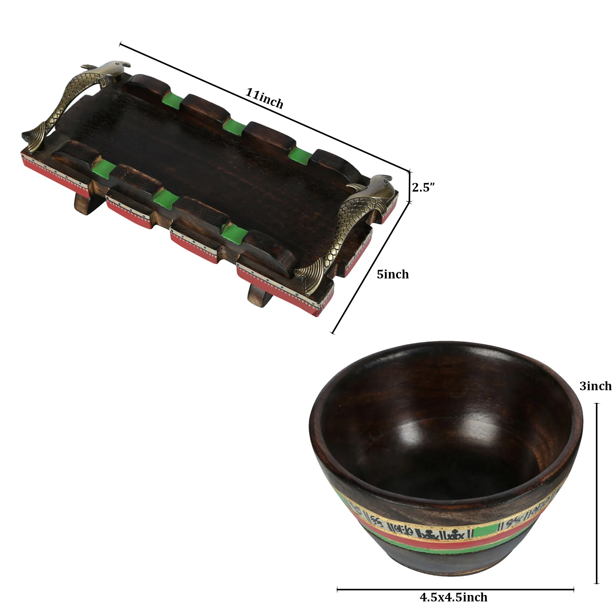 Bowls & Tray in Wood Hand-painted, Fish Handles So3 (11x5)