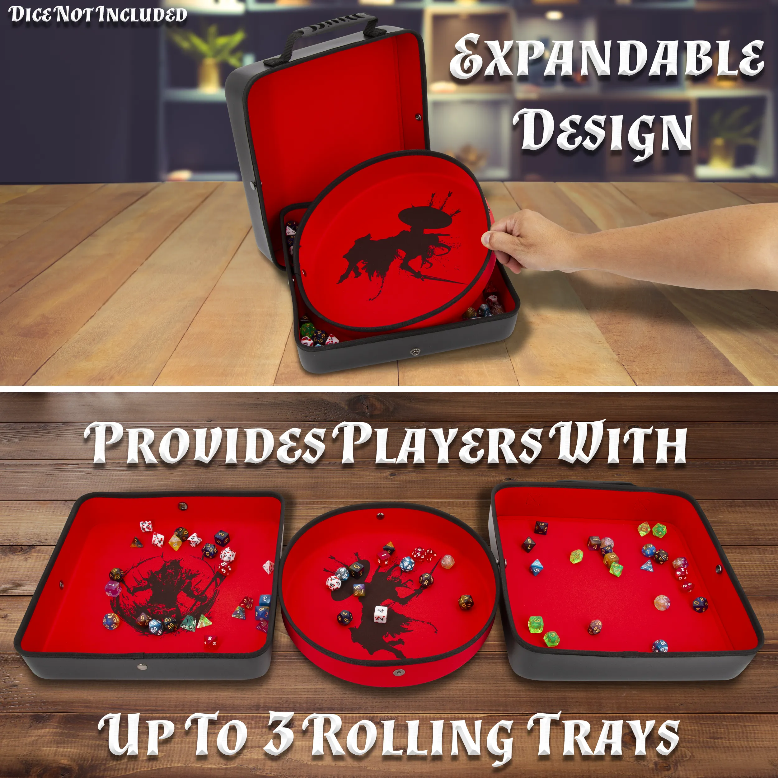 CASEMATIX XL Dice Tray and DND Dice Holder Travel Case for Up to 700 RPG Dice, Expanding Design with 3 Dice Rolling Tray Arenas with Embossed Exterior