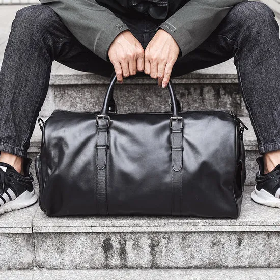 Dazzlo The Volta Top Grain Leather Duffel Bag - Black - 20"