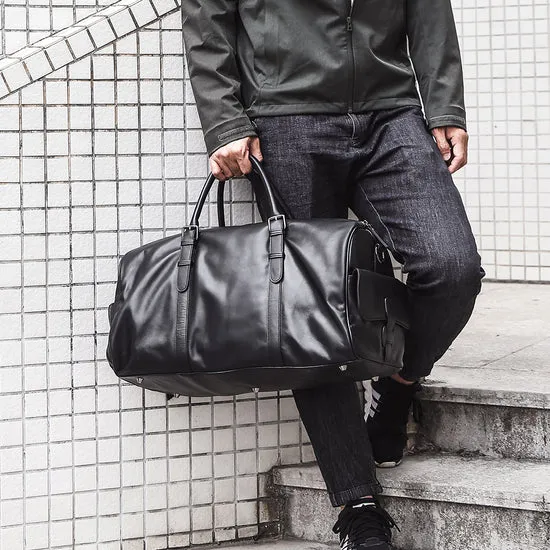 Dazzlo The Volta Top Grain Leather Duffel Bag - Black - 20"