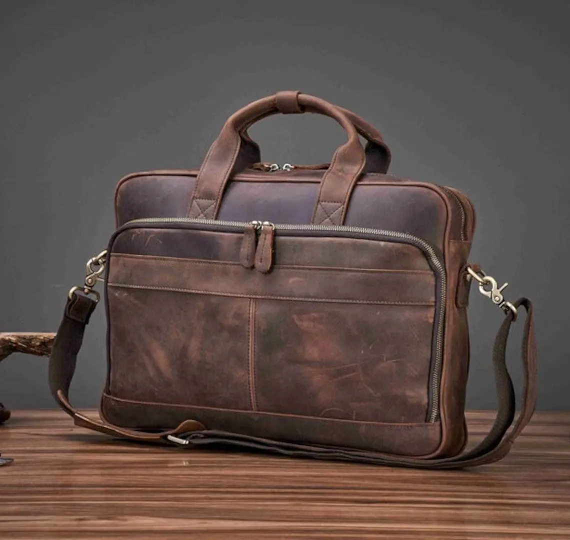 Dazzlo Vintage Leather Laptop Briefcase - Brown / Vintage Brown - 17"