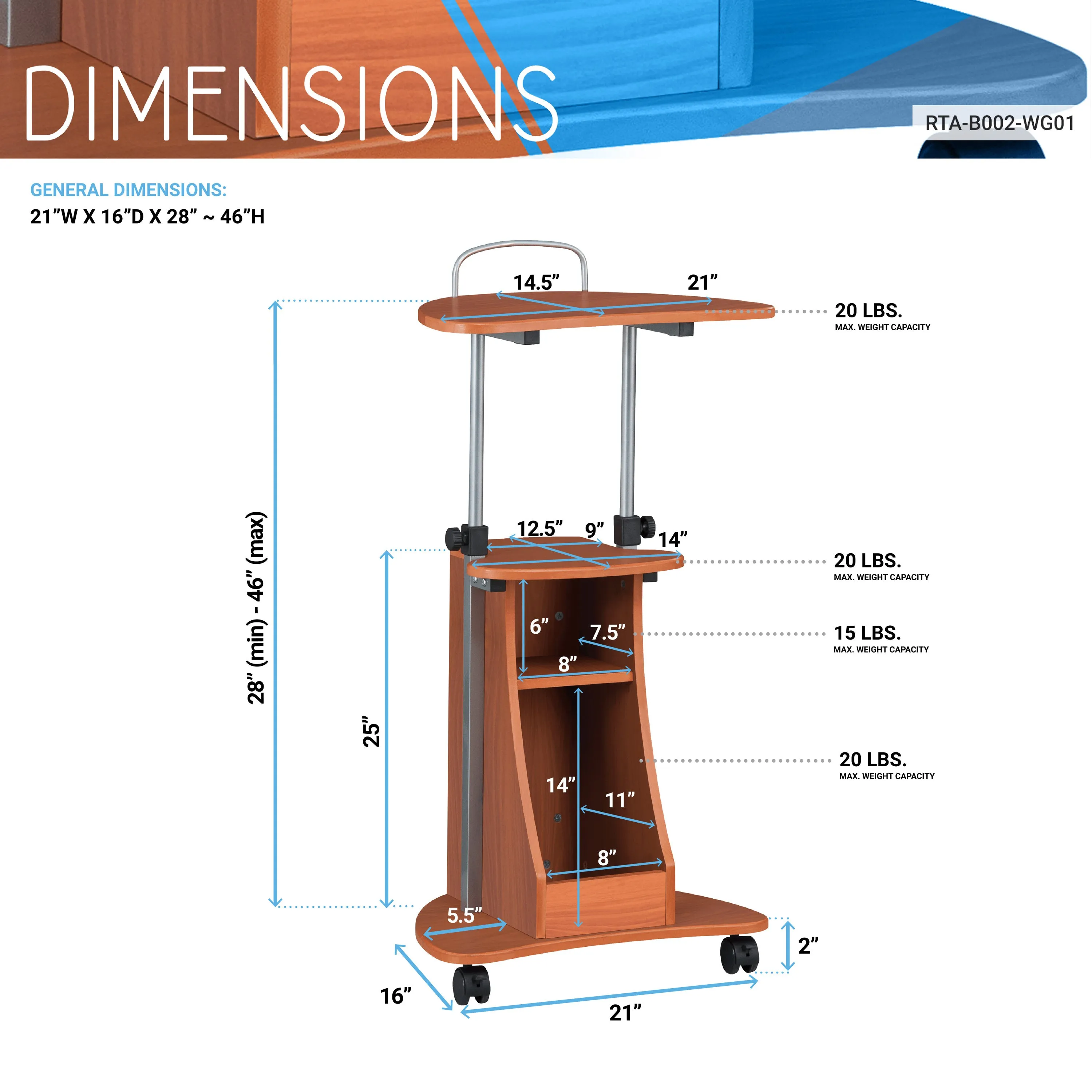 Elevate Tech Rolling Adjustable Laptop Cart With Storage