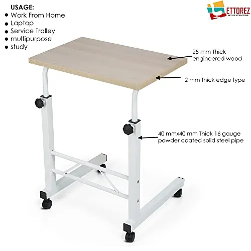 ETTOREZ Height Adjustable Home/Office Engineered Wood Computer Desk with Wheels, Multipurpose Study Laptop Desk,Bedside Portable Table for Adults & Kids- Beige