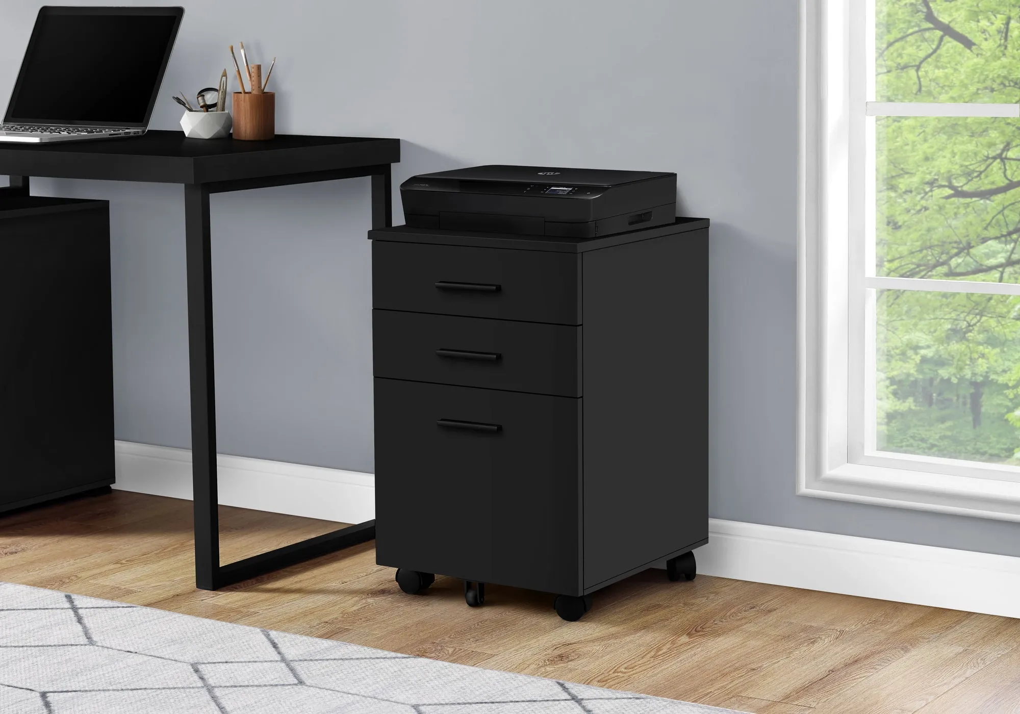 Filing Cabinet - 3 Drawer / Black On Castors