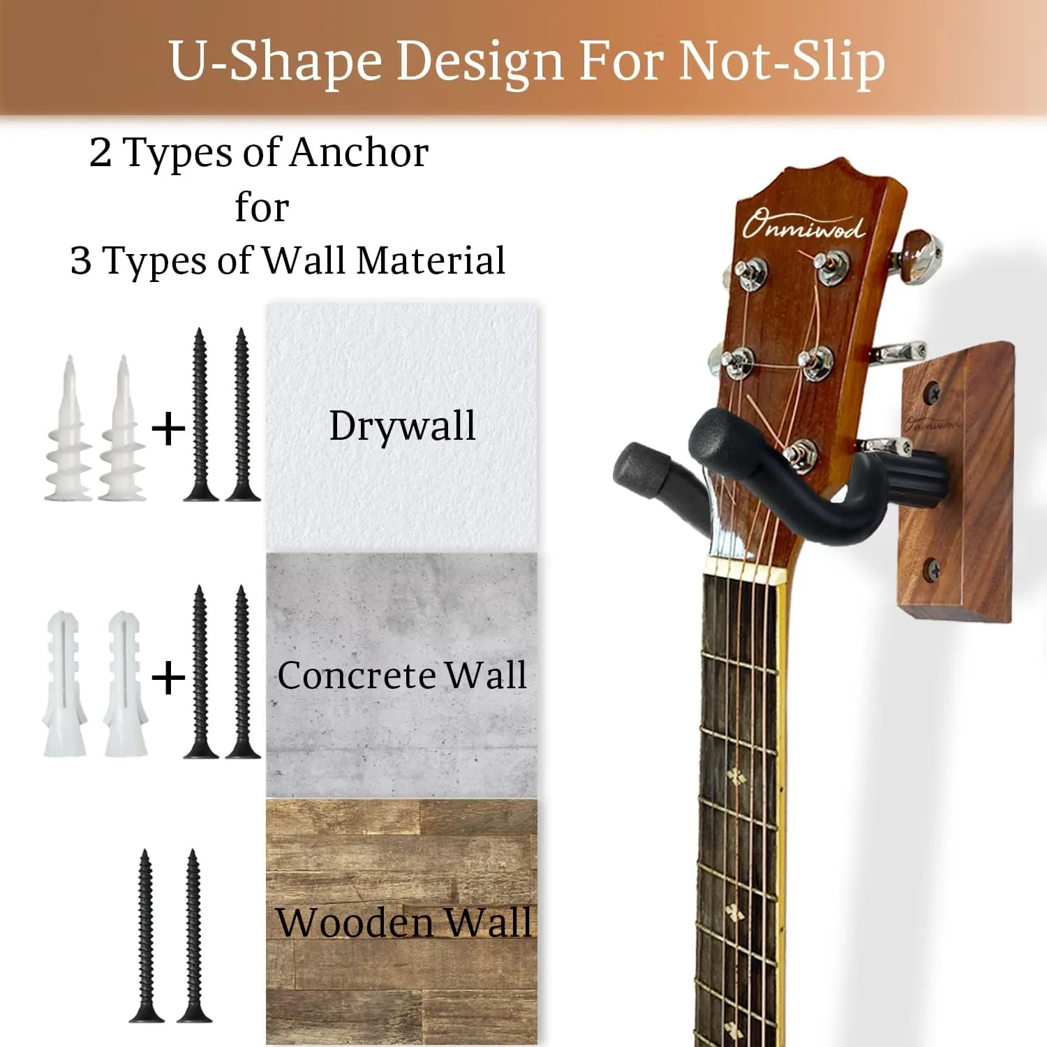 Guitar Wall Mount 2 Pack, Black Walnut Wood Guitar Hanger, U-Shaped Guitar Wall Hanger Mount, Guitar Holder Hook Stand Wall for Acoustic, Electric Guitar, Banjo, Bass, for Guitar Player Men Boy