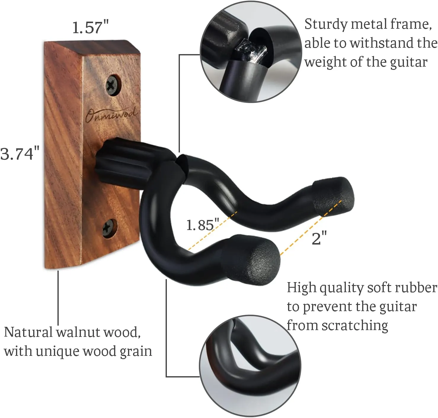 Guitar Wall Mount 2 Pack, Black Walnut Wood Guitar Hanger, U-Shaped Guitar Wall Hanger Mount, Guitar Holder Hook Stand Wall for Acoustic, Electric Guitar, Banjo, Bass, for Guitar Player Men Boy