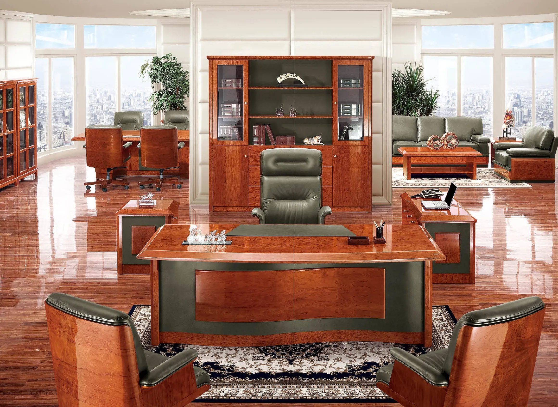 Italian Design Luxury Executive Desk With Wave Design - High Lacquered Walnut Wood & Leather - 2400mm - IVA-0811