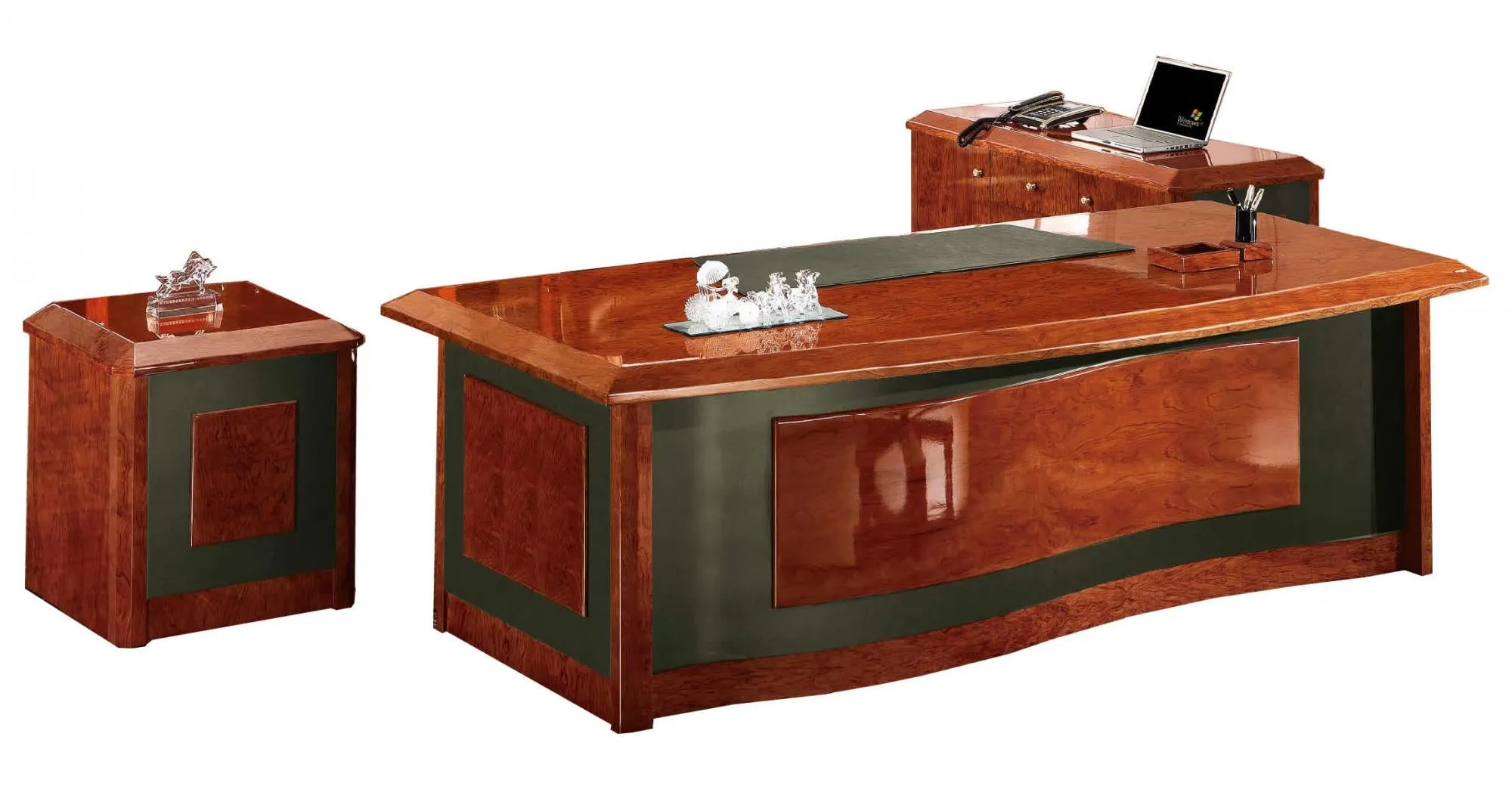 Italian Design Luxury Executive Desk With Wave Design - High Lacquered Walnut Wood & Leather - 2400mm - IVA-0811