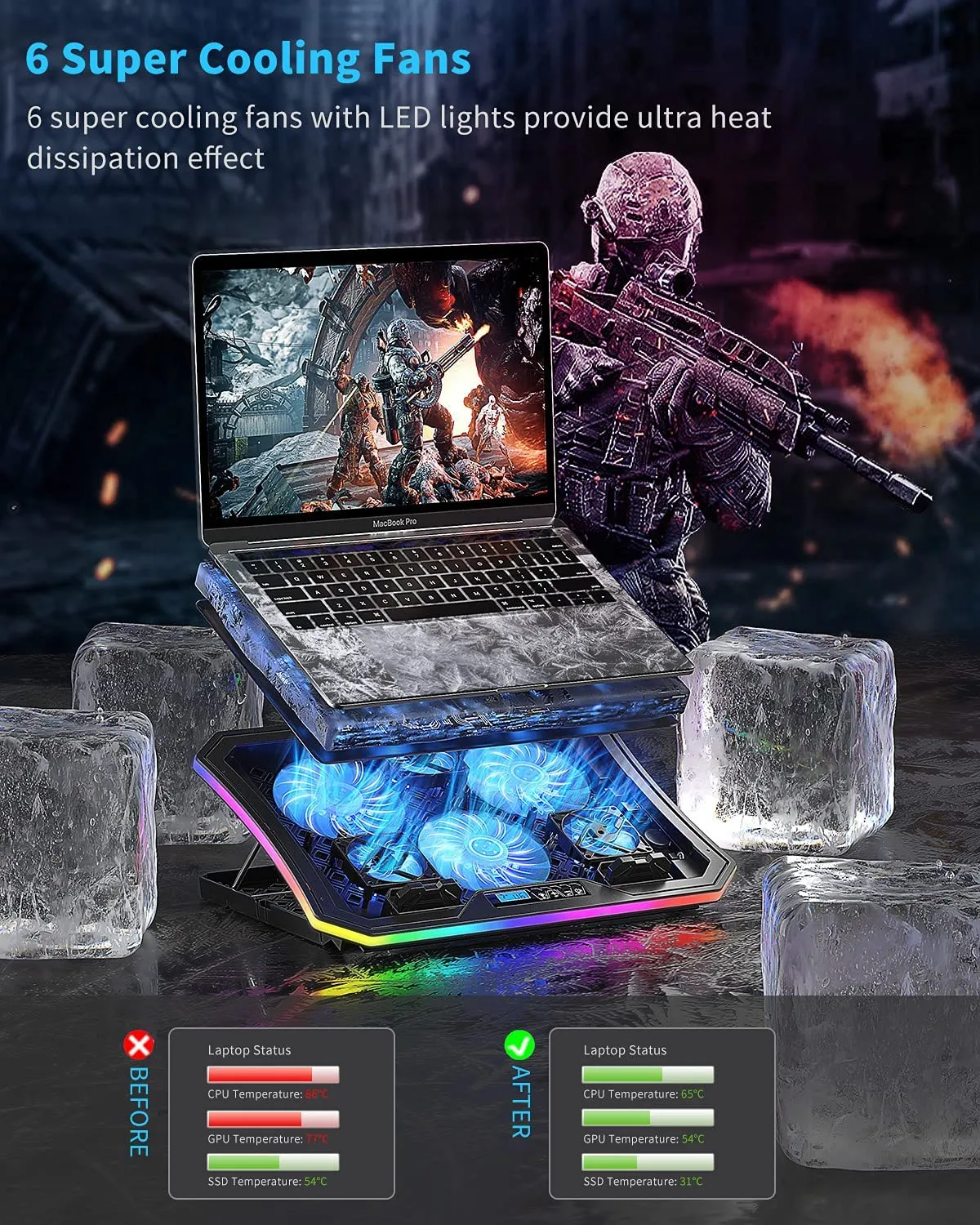 Laptop Cooler Pad RGB Lights with 6 Cooling Fans