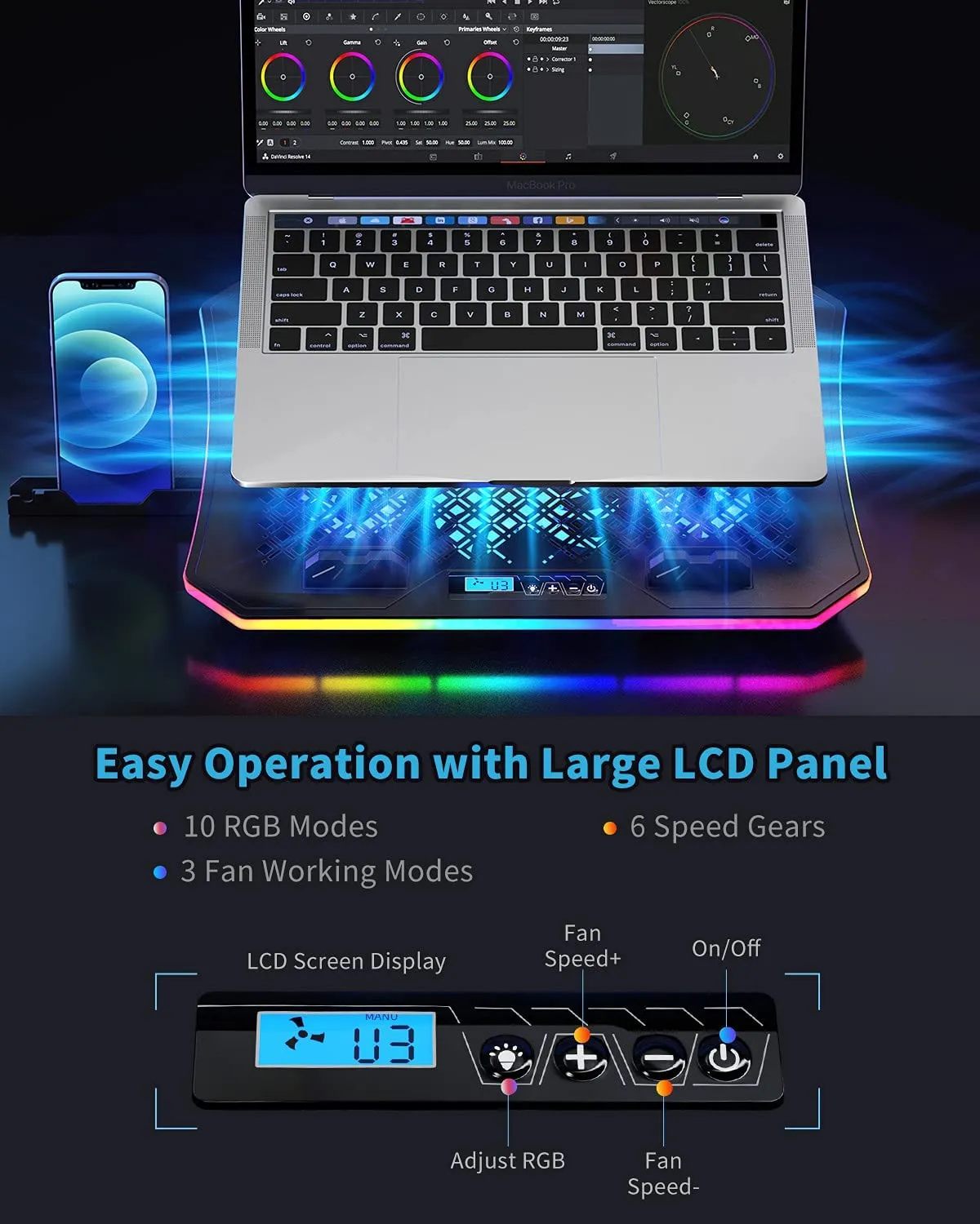 Laptop Cooler Pad RGB Lights with 6 Cooling Fans