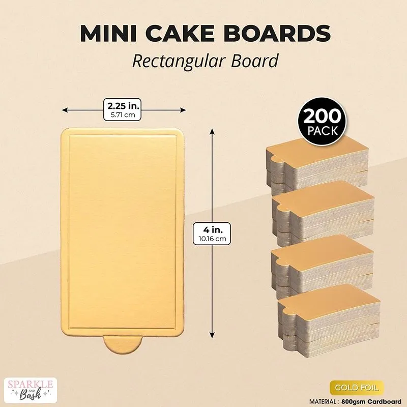 Mini Gold Foil Cake Boards, Rectangular Dessert Base (4 x 2.8 in, 200 Pack)