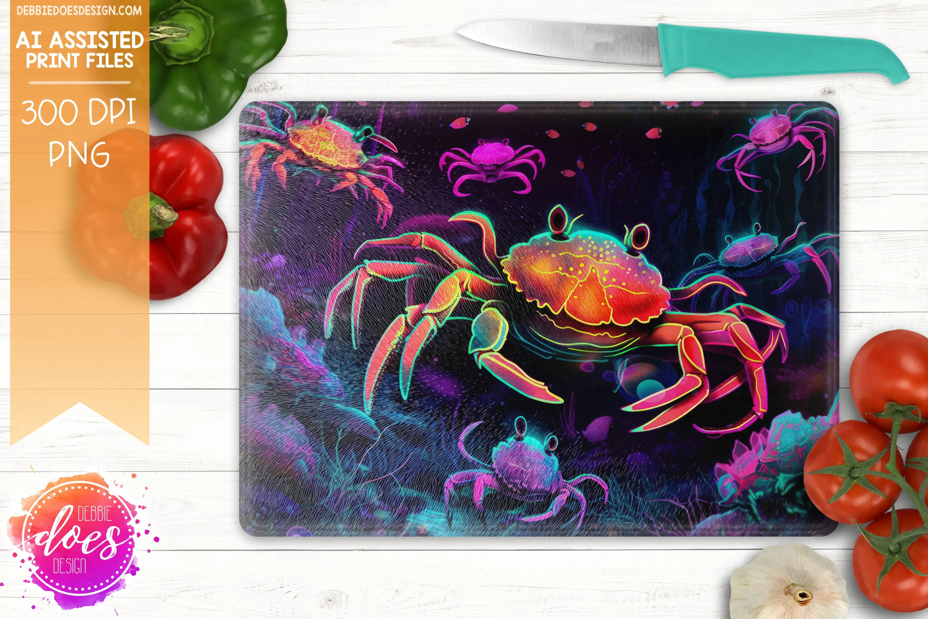 Neon Crabs Group 1 - Cutting Boards -  Printable/Sublimation Design