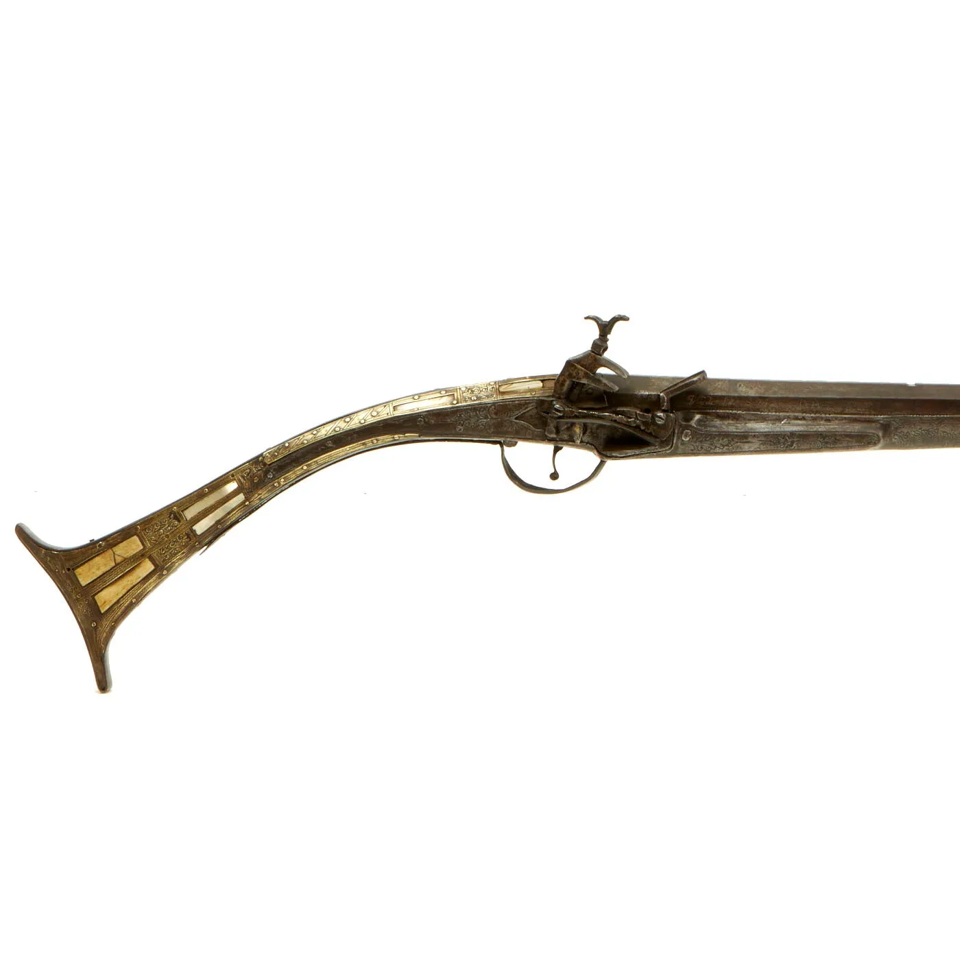 Original Balkan Brass Decorated Miquelet Flintlock Jezail Musket with Steel Clad Stock c.1800