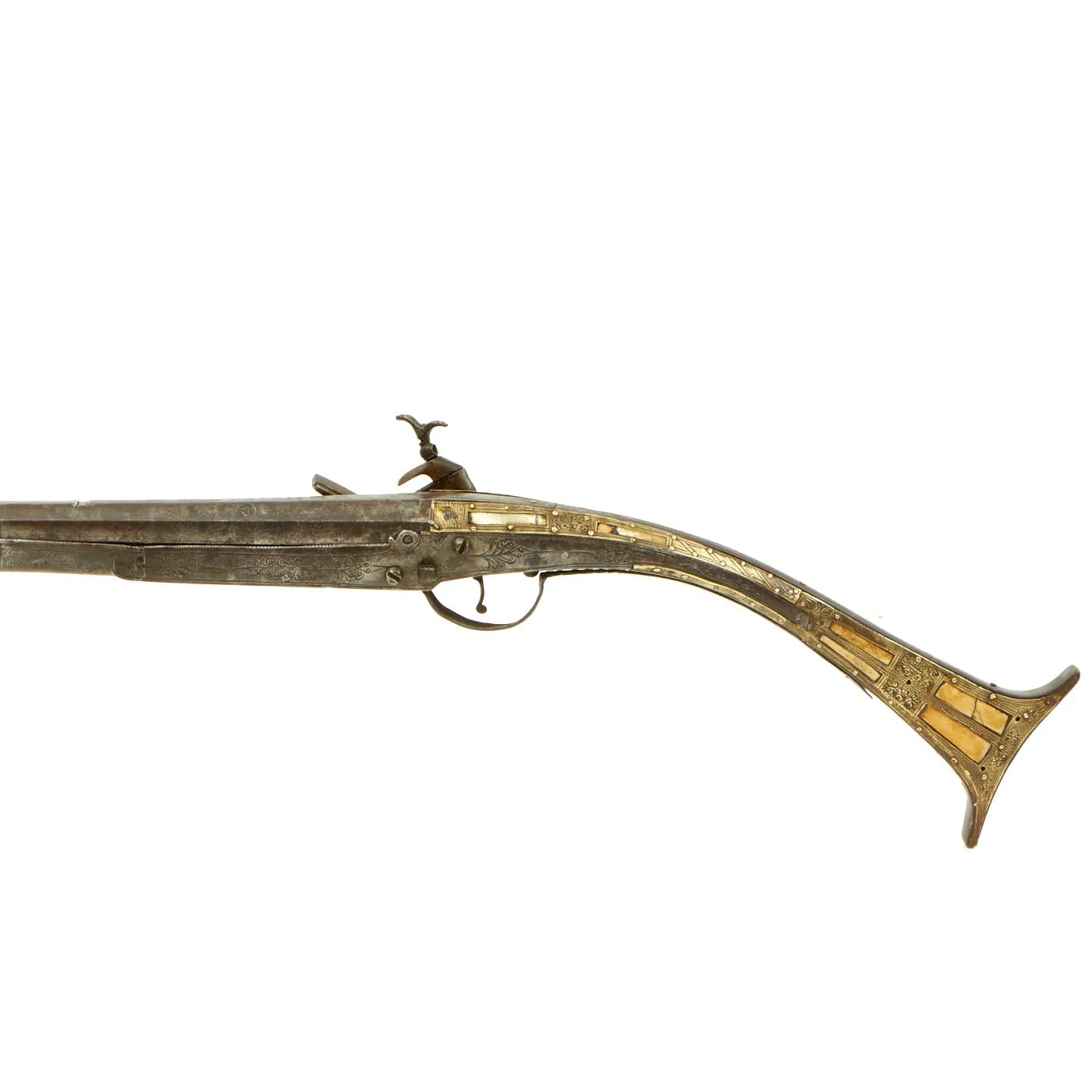 Original Balkan Brass Decorated Miquelet Flintlock Jezail Musket with Steel Clad Stock c.1800