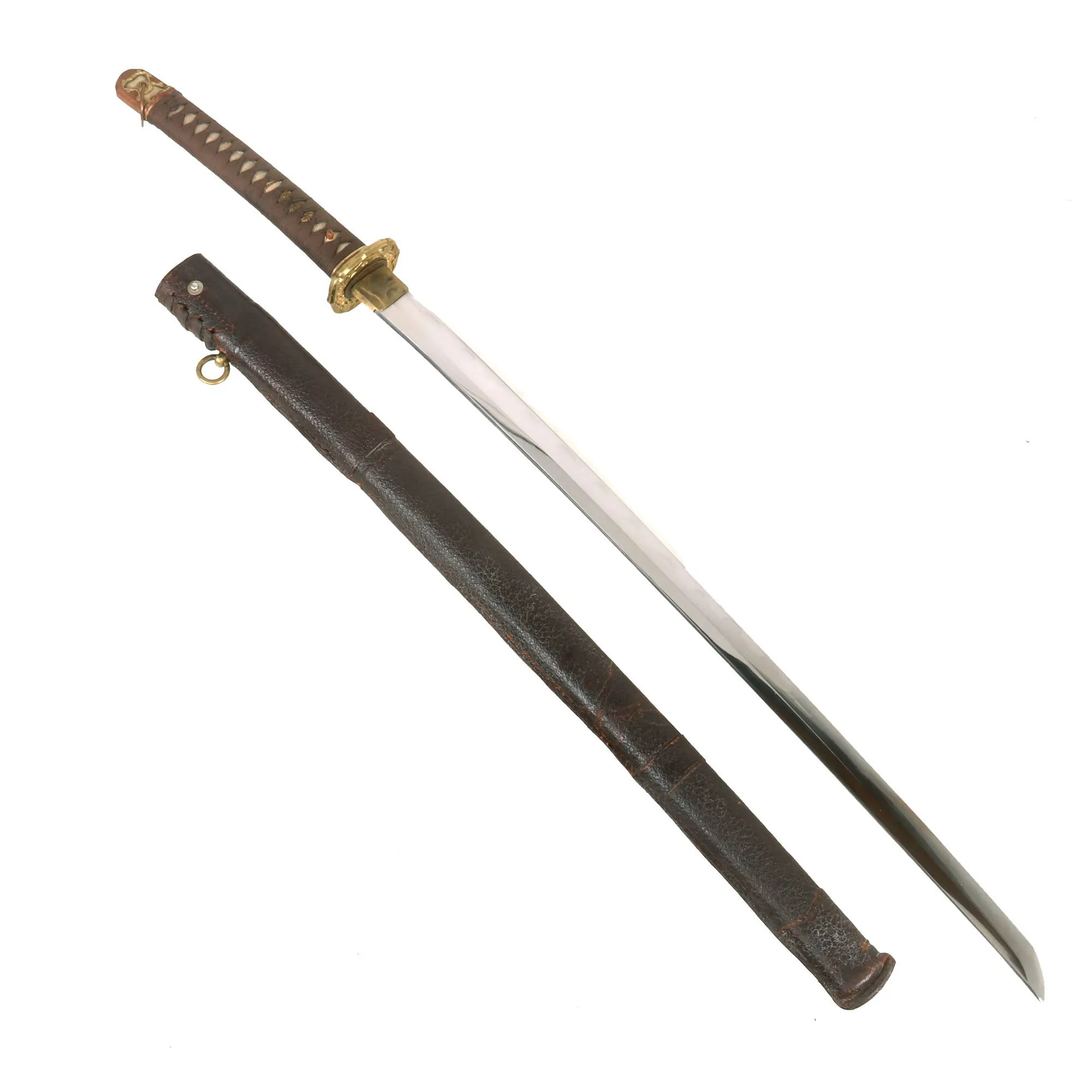 Original Excellent Japanese WWII Type 98 Shin-Gunto Katana Sword with Handmade Blade and Leather Covered Wood Scabbard