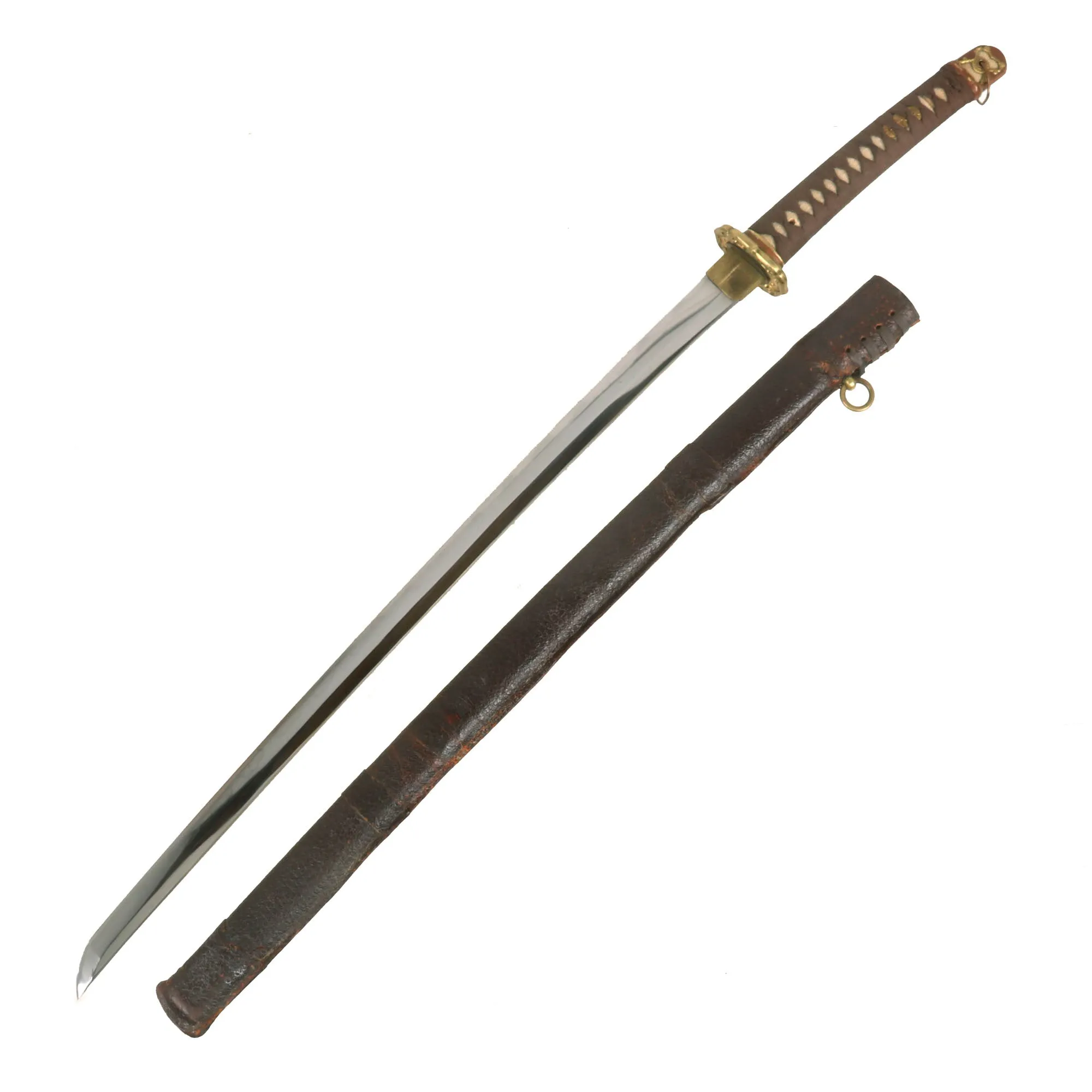 Original Excellent Japanese WWII Type 98 Shin-Gunto Katana Sword with Handmade Blade and Leather Covered Wood Scabbard