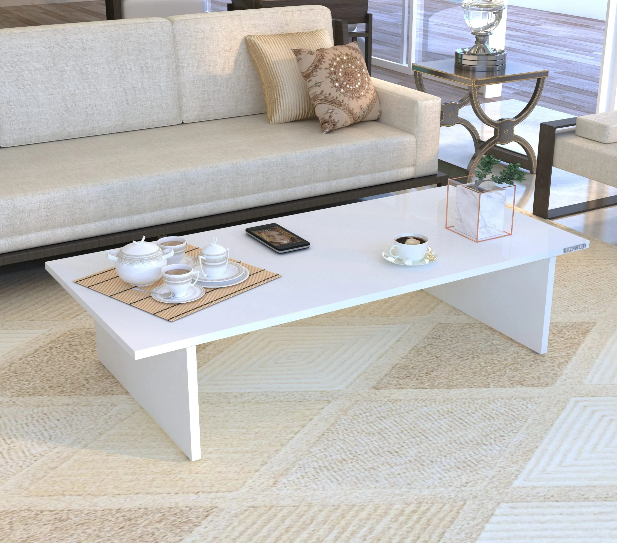 Redwud Maxilla Engineered Wood Coffee Table/Centre Table/Tea Table for Living Room (White, Matte Finsh) D.I.Y