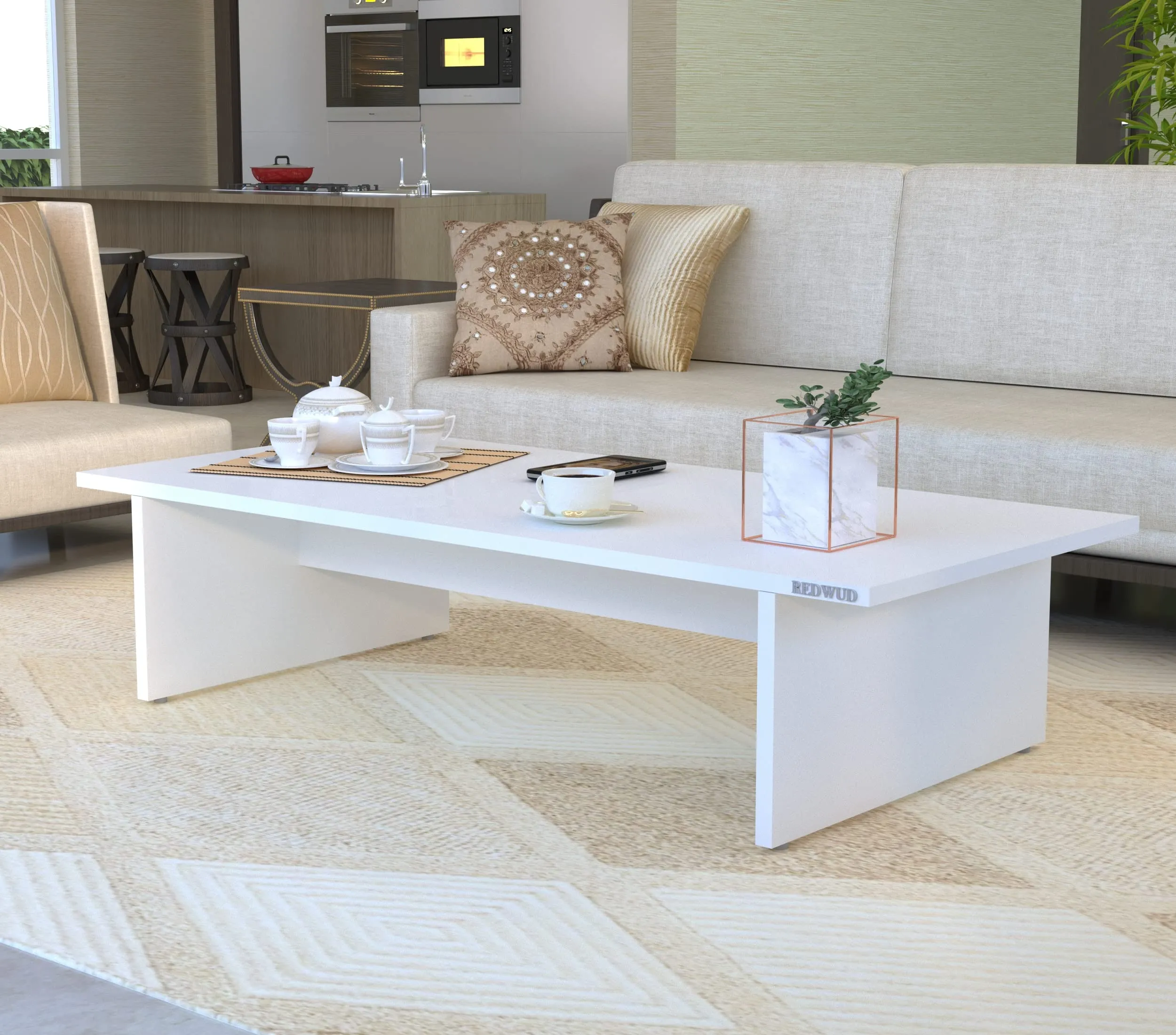 Redwud Maxilla Engineered Wood Coffee Table/Centre Table/Tea Table for Living Room (White, Matte Finsh) D.I.Y