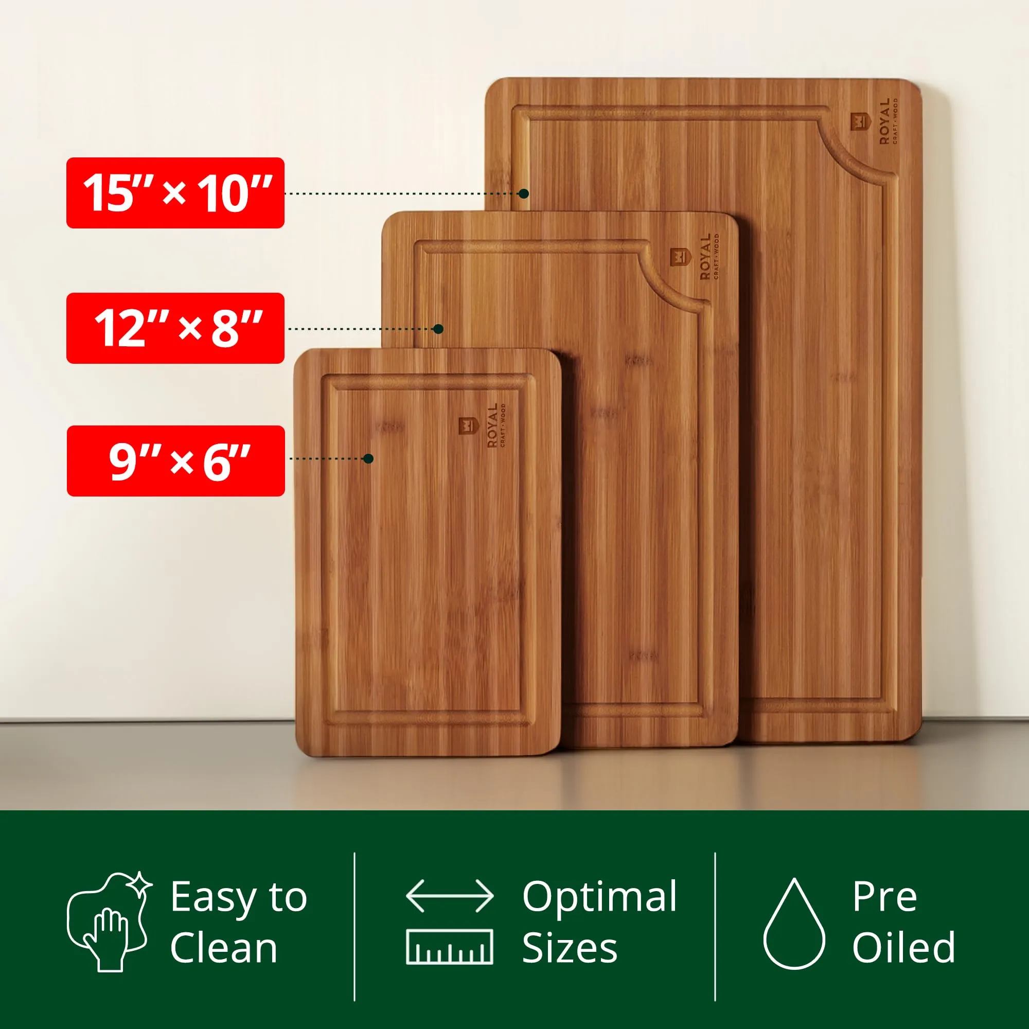 ROYAL CRAFT WOOD Wooden Cutting Boards for Kitchen Meal Prep & Serving - Bamboo Wood Serving Board Set with Deep Juice Groove Side Handles - Charcuterie & Chopping Butcher Block for Meat (3 Pcs)