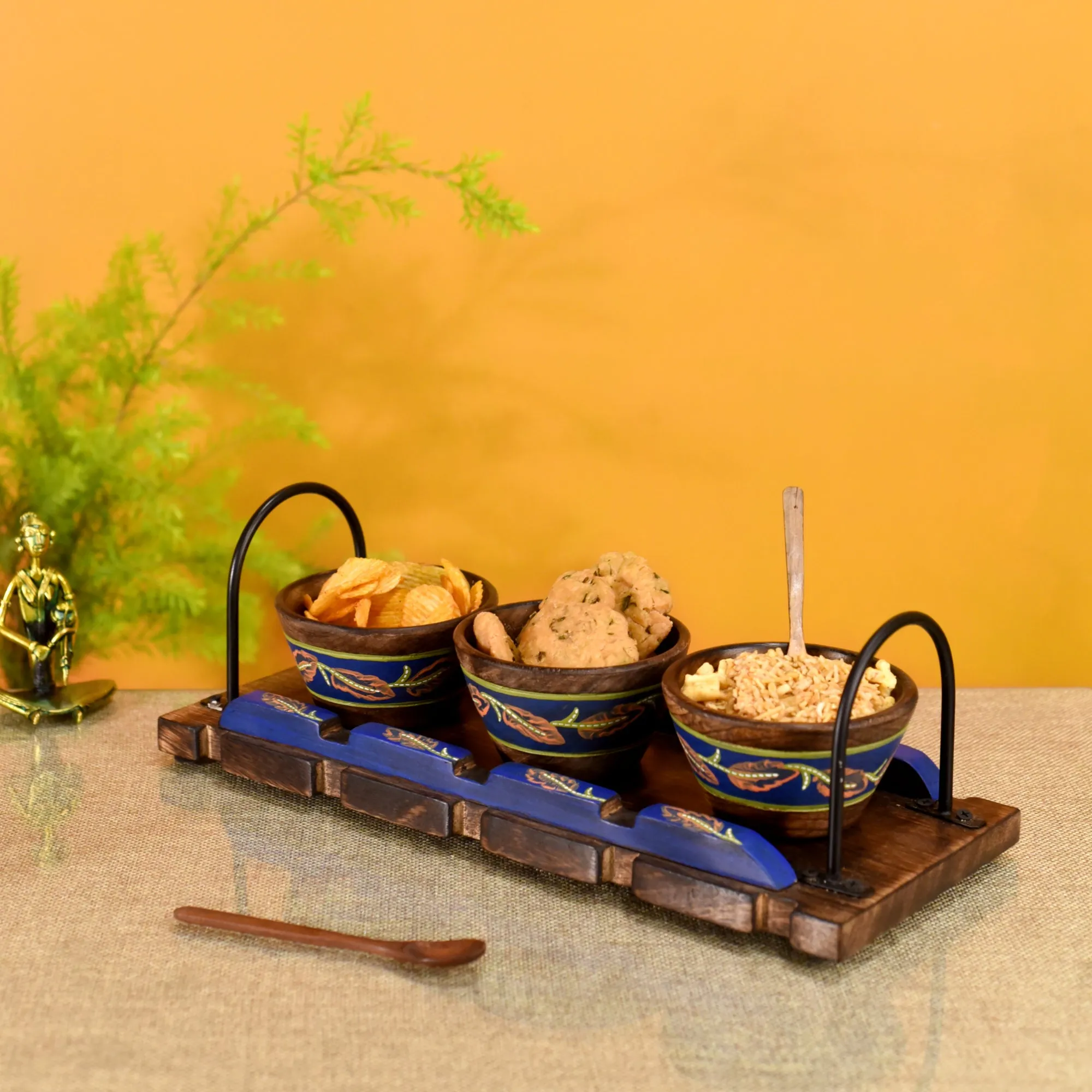 Wooden Bowls & Tray Hand-painted, Metal Handles