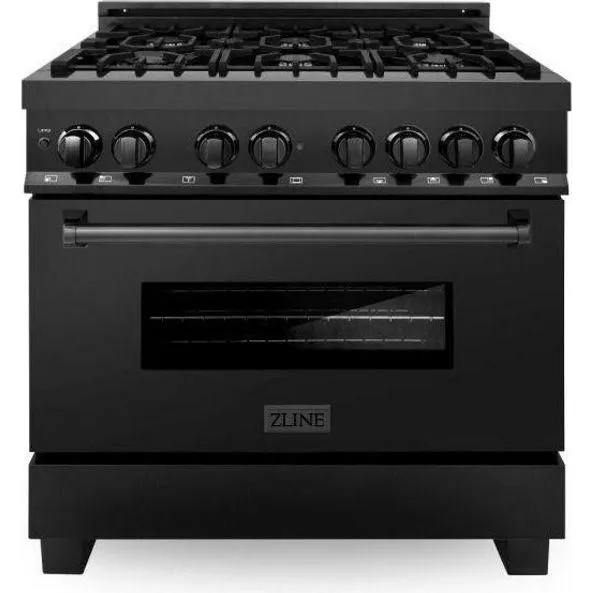 ZLINE 36 in. Dual Fuel Range, Range Hood, Microwave and Dishwasher In Black Stainless Steel Appliance Package